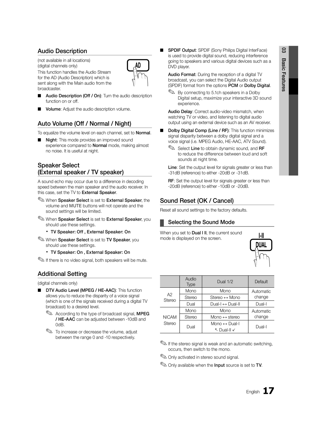 Samsung LE40C630 Audio Description, Auto Volume Off / Normal / Night, Speaker Select External speaker / TV speaker 