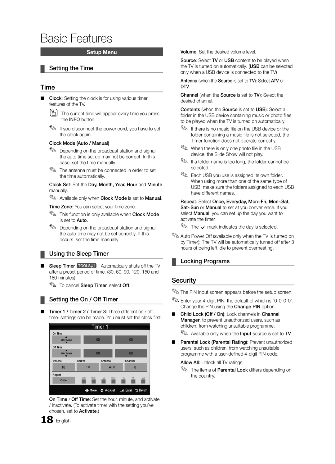 Samsung LE37C630, LE46C630, LE40C630, LE32C630 user manual Time, Security 