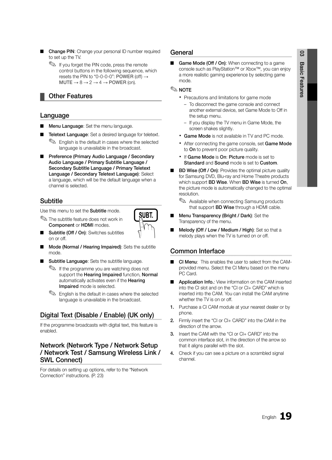 Samsung LE32C630 Other Features Language, Subtitle, Digital Text Disable / Enable UK only, General, Common Interface 