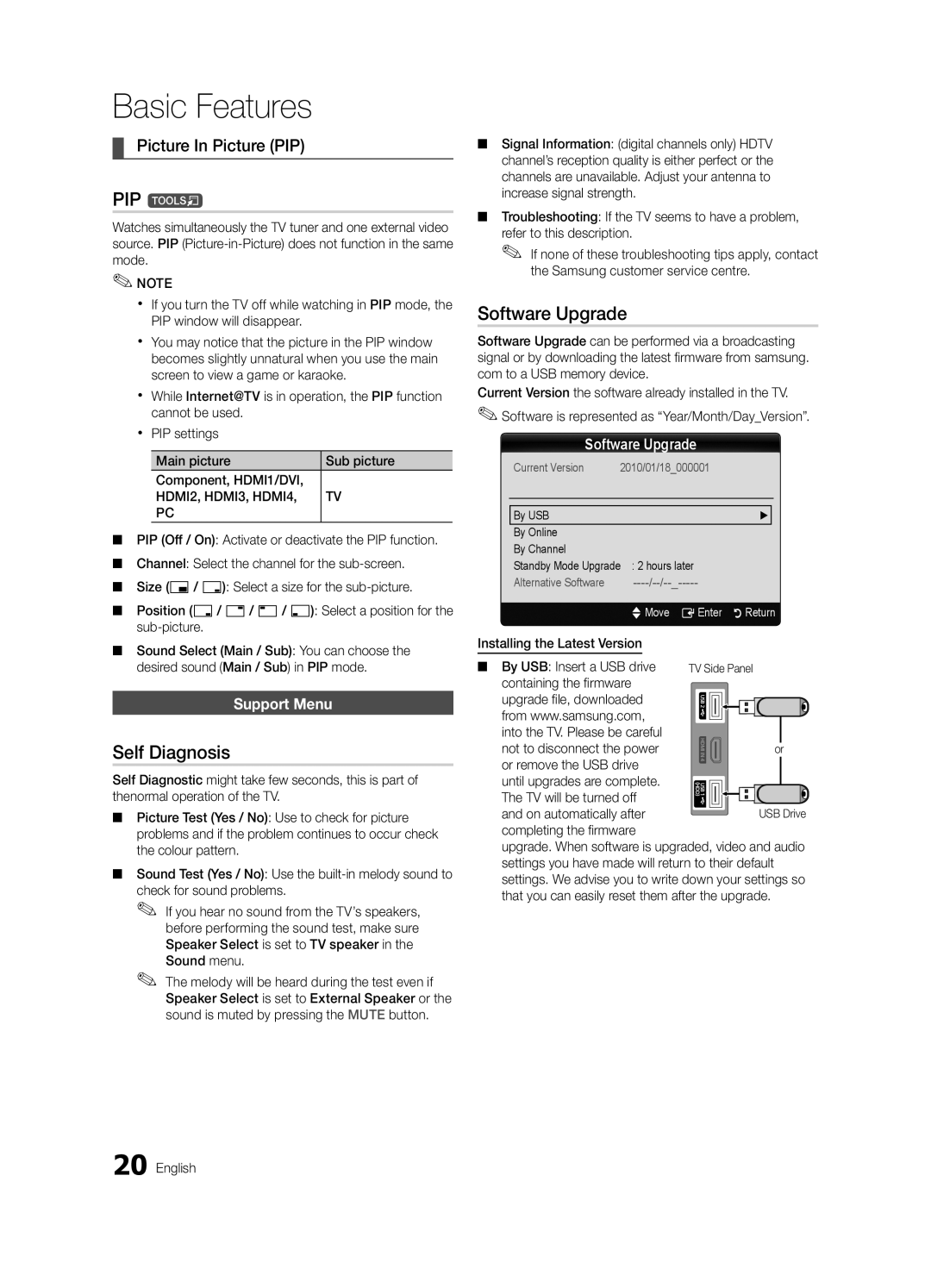 Samsung LE46C630, LE40C630, LE37C630, LE32C630 user manual PIP t, Self Diagnosis, Software Upgrade, Picture In Picture PIP 