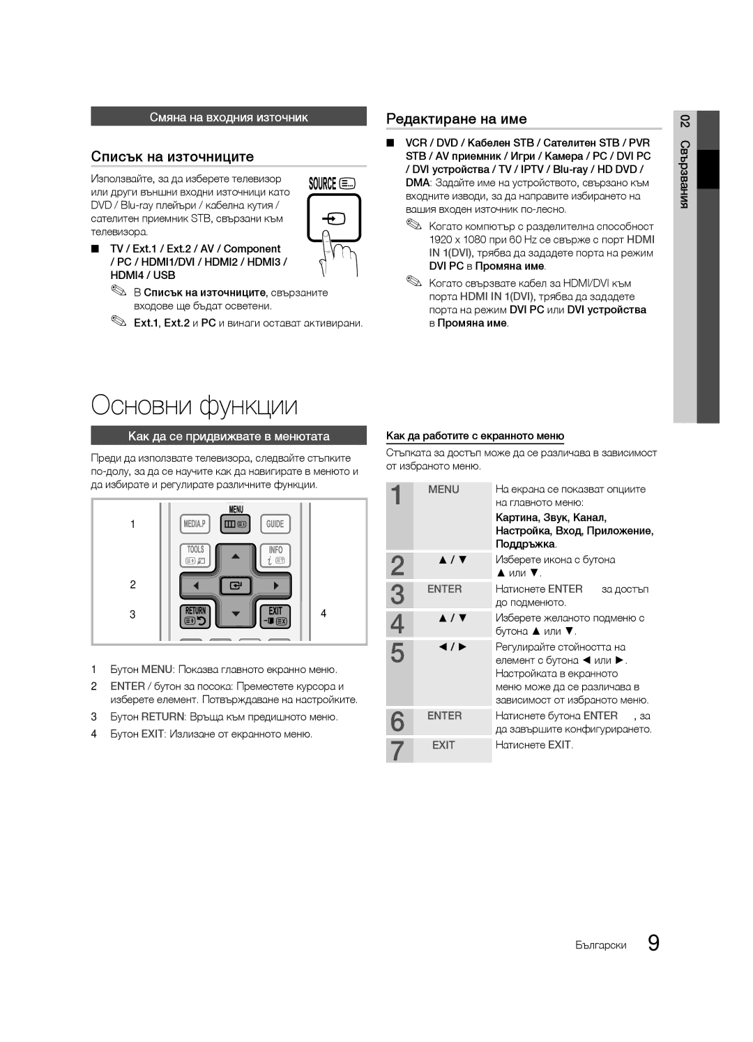 Samsung LE40C630, LE46C630, LE37C630, LE32C630 user manual Основни функции, Списък на източниците, Редактиране на име 