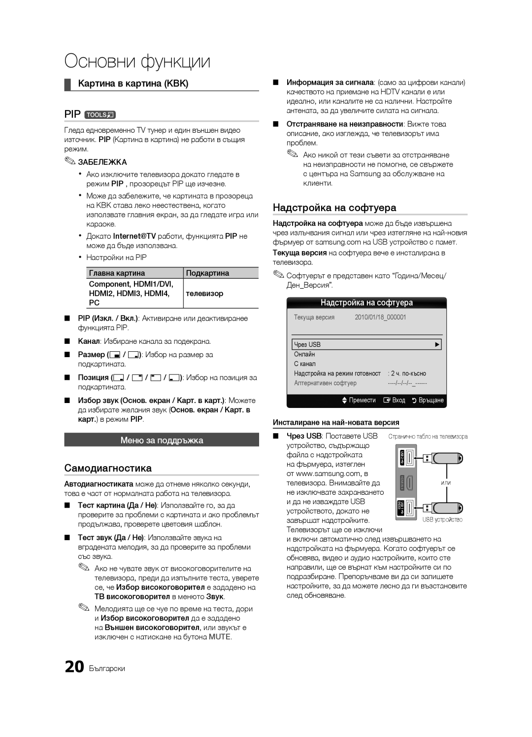 Samsung LE46C630, LE40C630, LE37C630 Самодиагностика, Надстройка на софтуера, Картина в картина КВК, Меню за поддръжка 