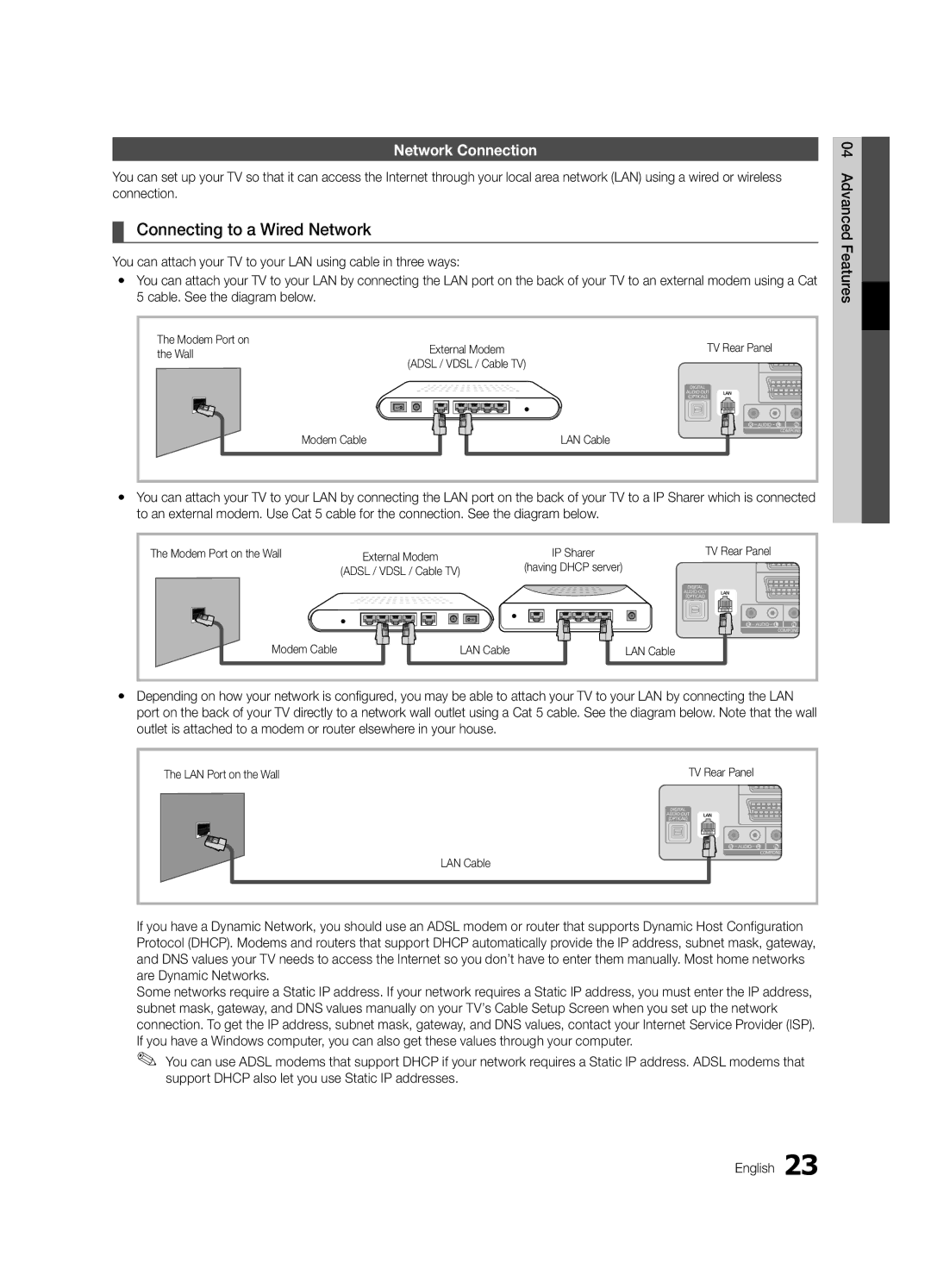 Samsung LE32C630, LE46C630, LE40C630, LE37C630 user manual Connecting to a Wired Network, Network Connection 