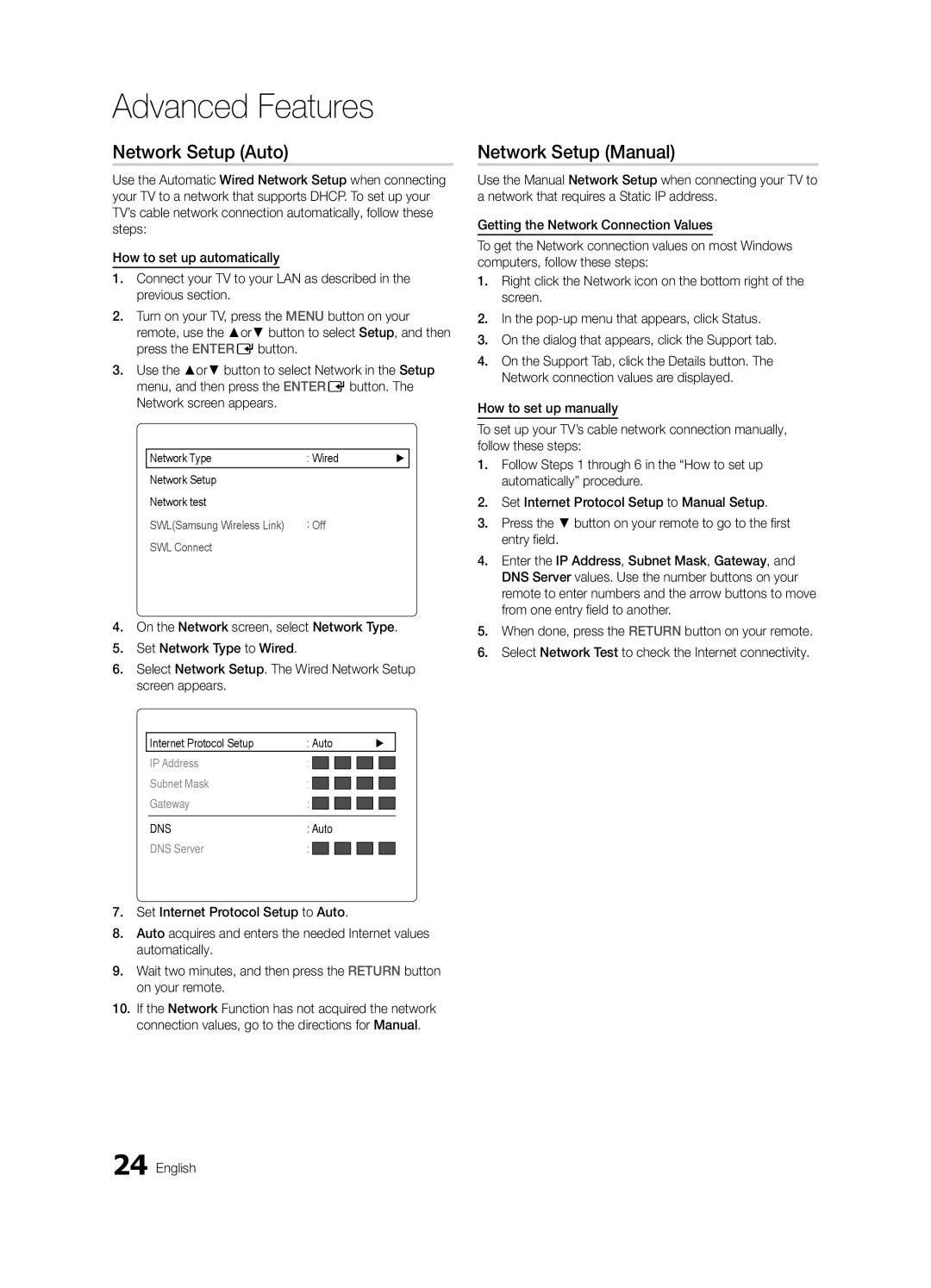 Samsung LE46C630, LE40C630 Network Setup Auto, Network Setup Manual, Network Type Wired Network Setup Network test 