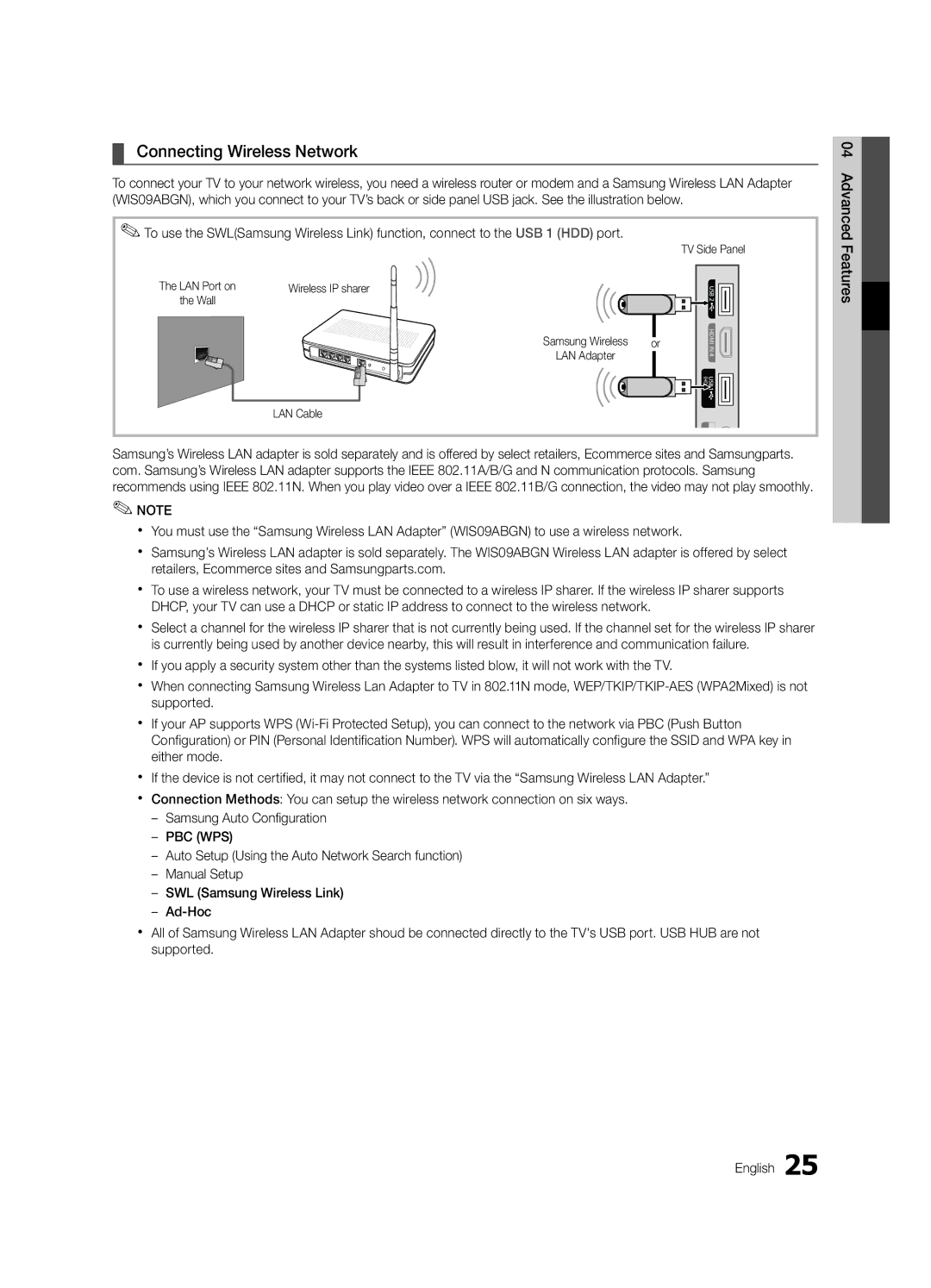 Samsung LE40C630, LE46C630, LE37C630, LE32C630 user manual Connecting Wireless Network, TV Side Panel 