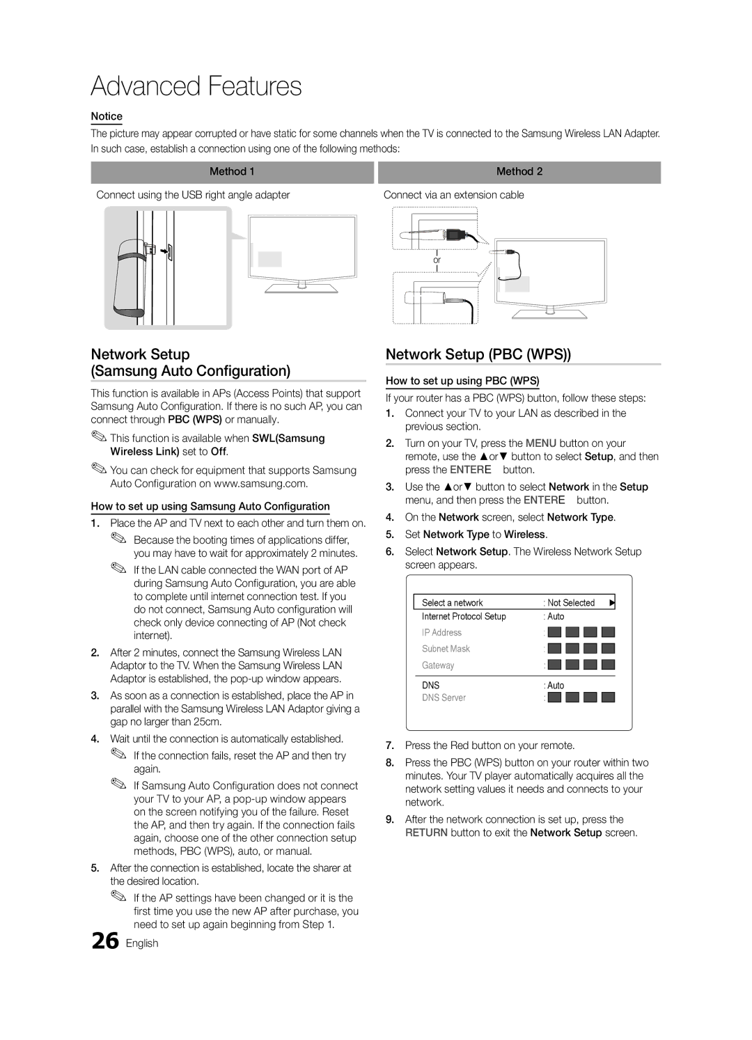 Samsung LE37C630, LE46C630, LE40C630 Network Setup Samsung Auto Configuration, Network Setup PBC WPS, Select a network 