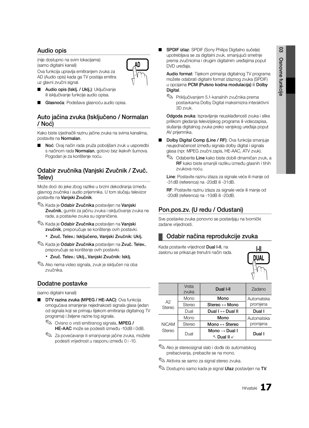 Samsung LE37C630 Audio opis, Auto jačina zvuka Isključeno / Normalan / Noć, Odabir zvučnika Vanjski Zvučnik / Zvuč. Telev 