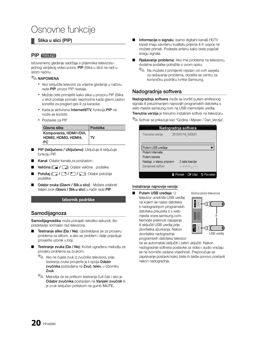 Samsung LE40C630, LE46C630, LE37C630, LE32C630 Samodijagnoza, Nadogradnja softvera, Slika u slici PIP, Izbornik podrške 