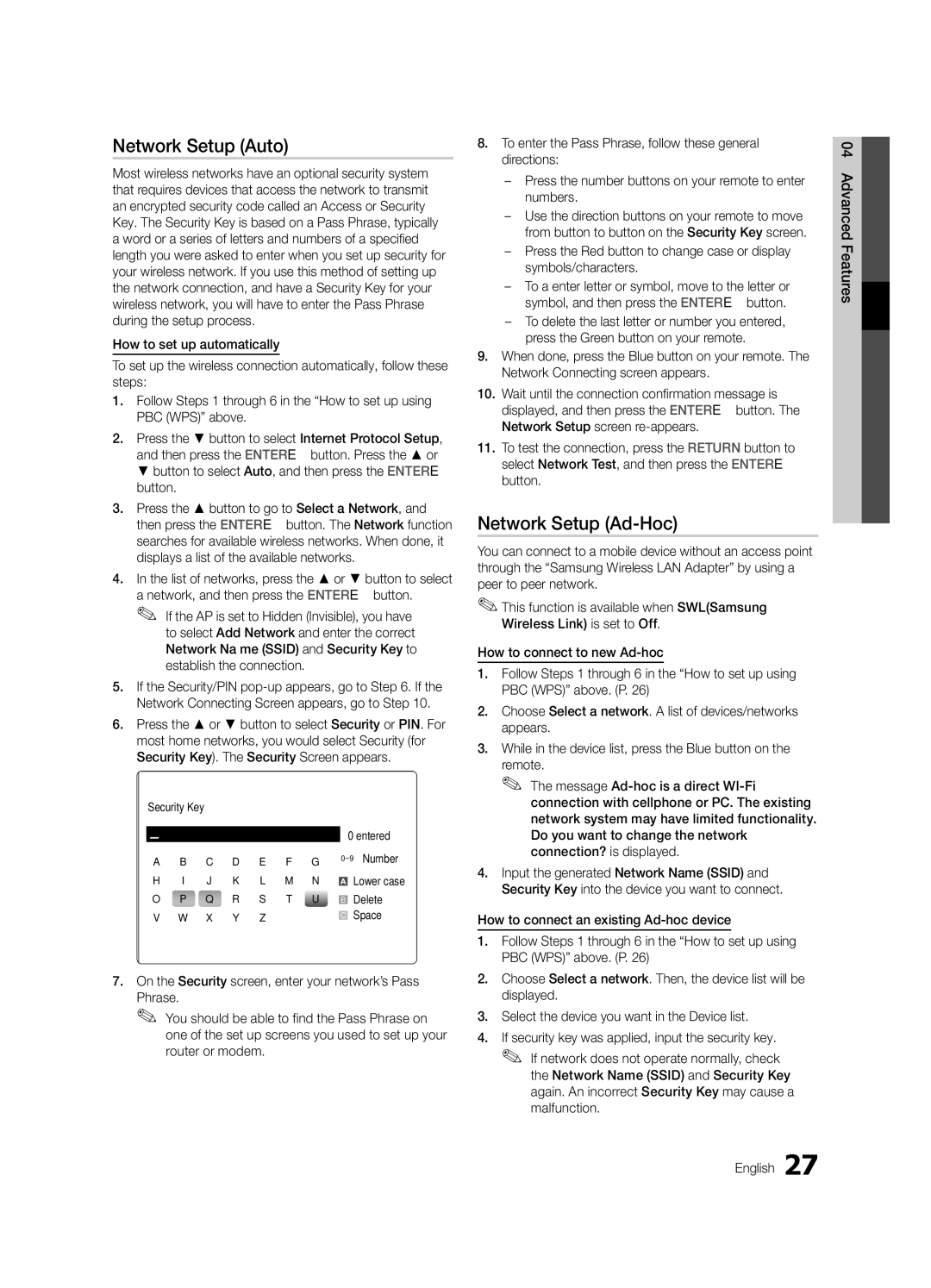 Samsung LE32C630, LE46C630, LE40C630, LE37C630 user manual Network Setup Ad-Hoc, Security Key Entered ~9 Number, Delete, Space 