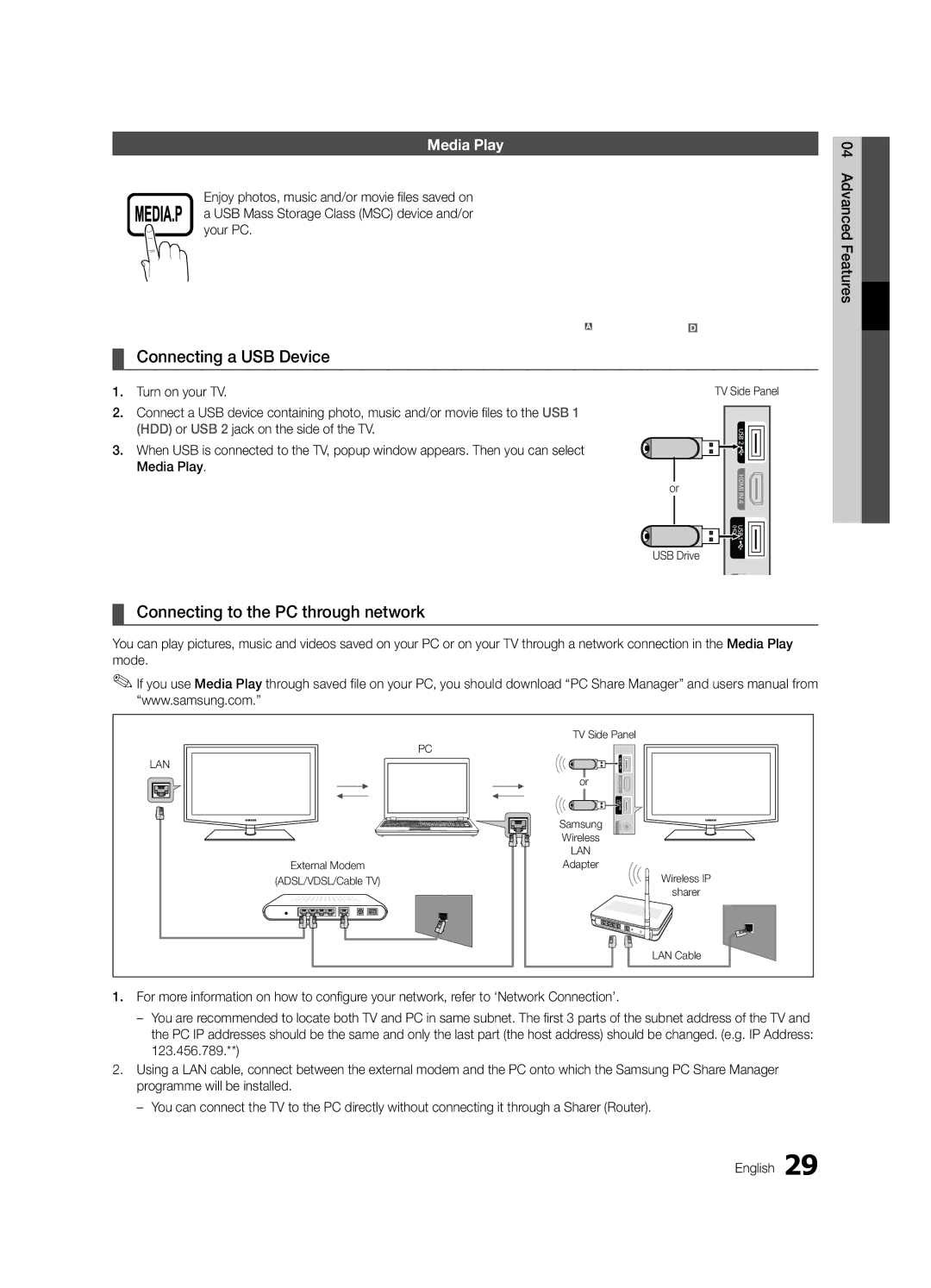 Samsung LE40C630 Connecting a USB Device, Connecting to the PC through network, Media Play, Turn on your TV, USB Drive 