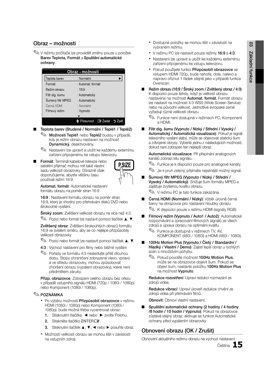 Samsung LE40C630, LE46C630, LE37C630, LE32C630 user manual Obraz možnosti, Obnovení obrazu OK / Zrušit 