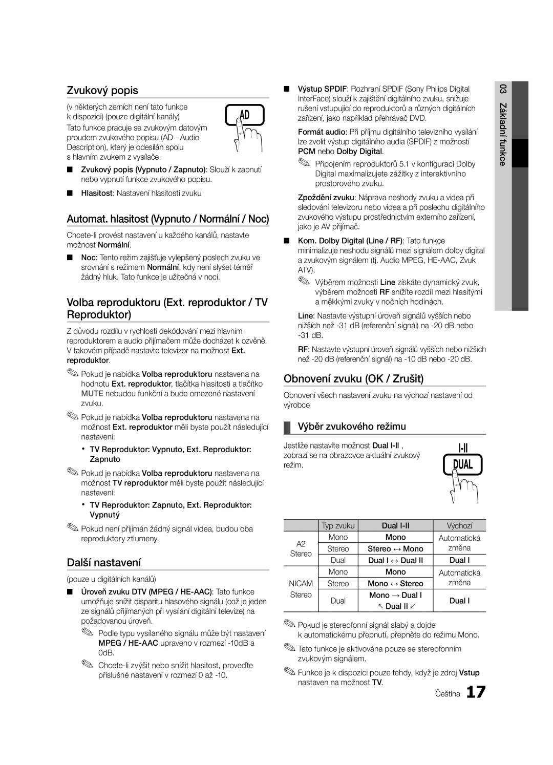 Samsung LE32C630, LE46C630, LE40C630 Zvukový popis, Volba reproduktoru Ext. reproduktor / TV Reproduktor, Další nastavení 