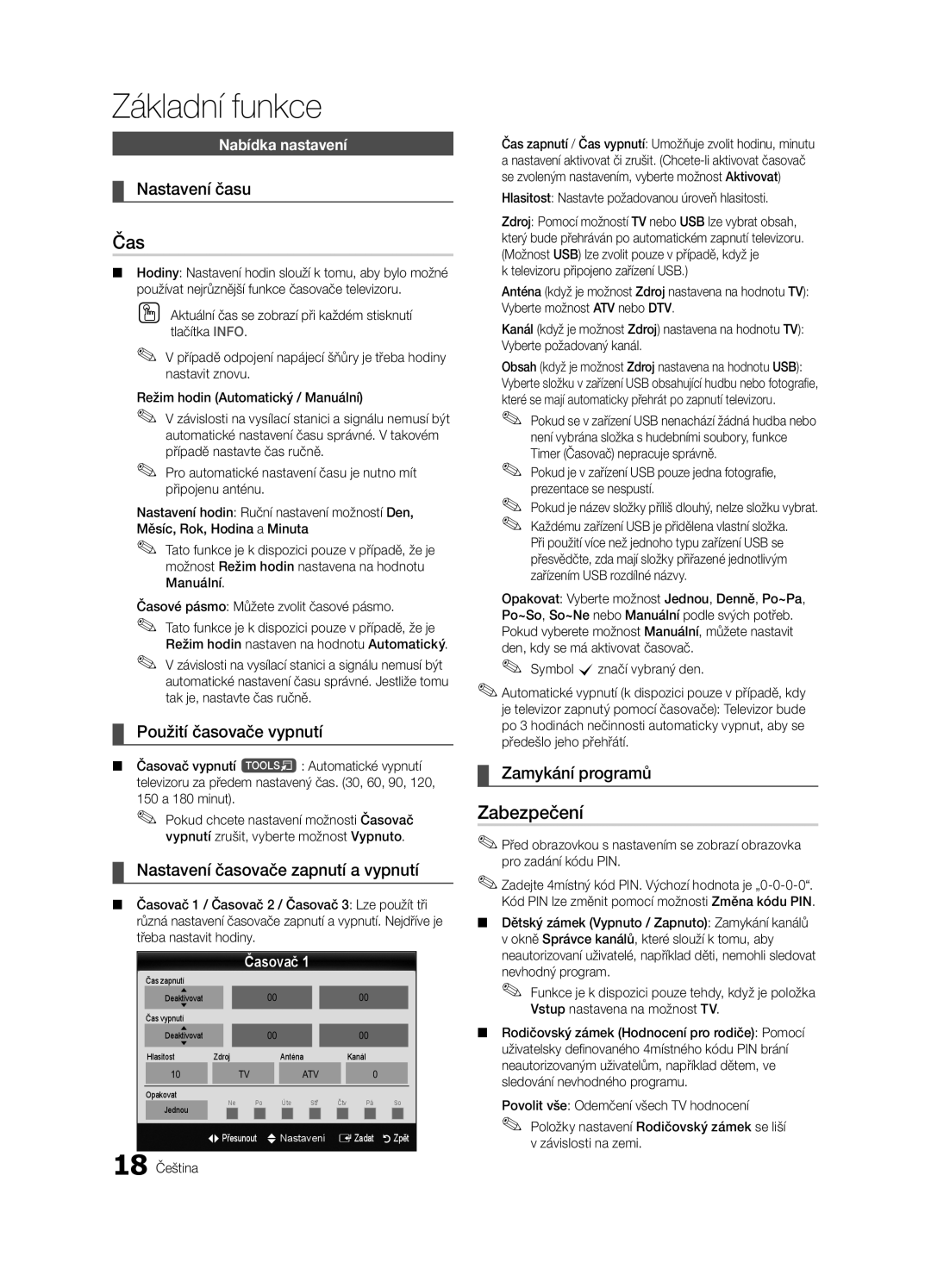 Samsung LE46C630, LE40C630, LE37C630, LE32C630 user manual Čas, Zabezpečení 