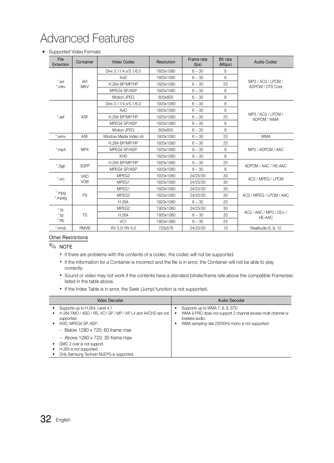 Samsung LE46C630, LE40C630 Yy Supported Video Formats, Below 1280 x 720 60 frame max Above 1280 x 720 30 frame max, Mbps 