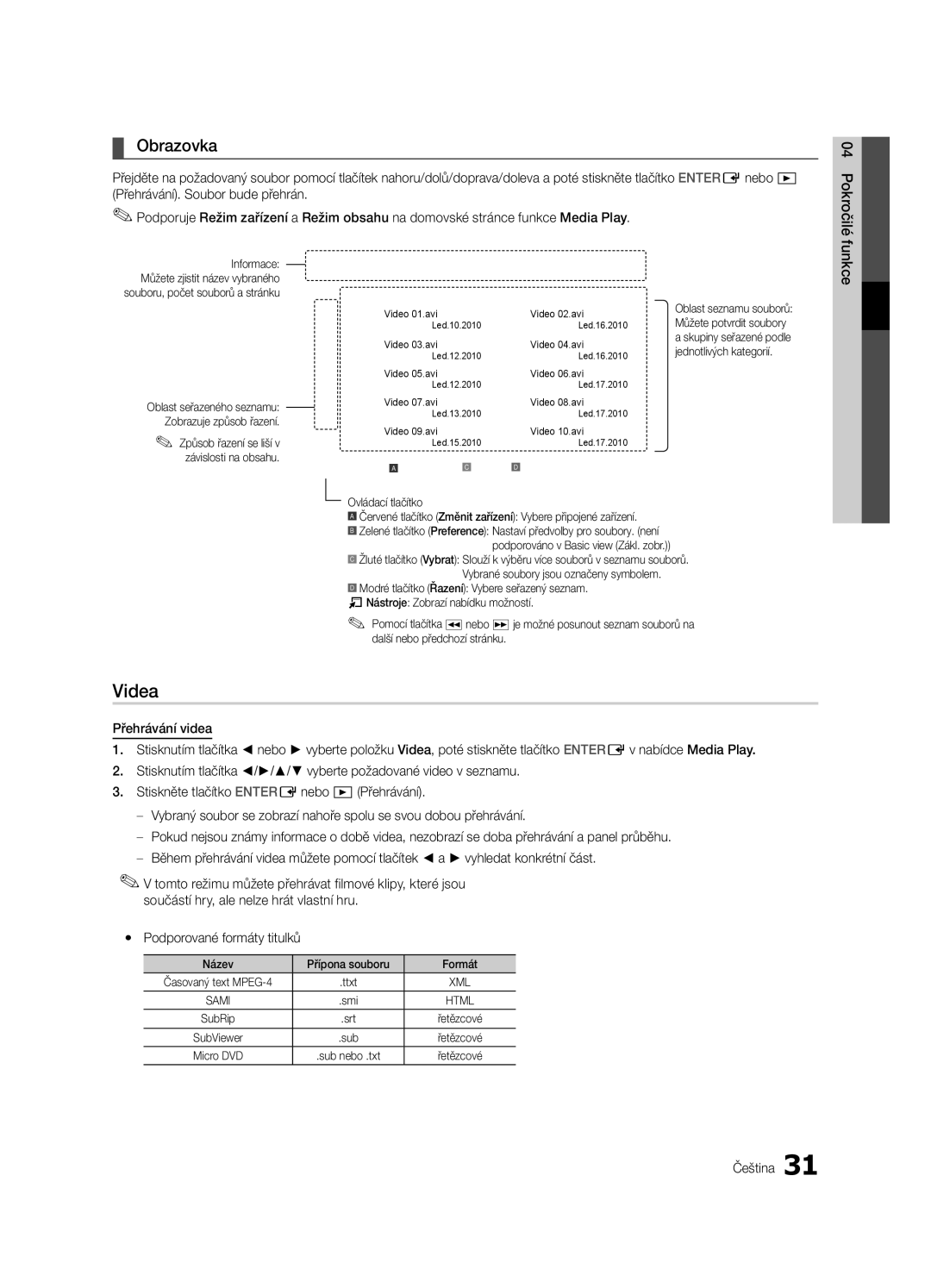 Samsung LE40C630, LE46C630, LE37C630, LE32C630 user manual Videa, Obrazovka, Název Přípona souboru Formát 