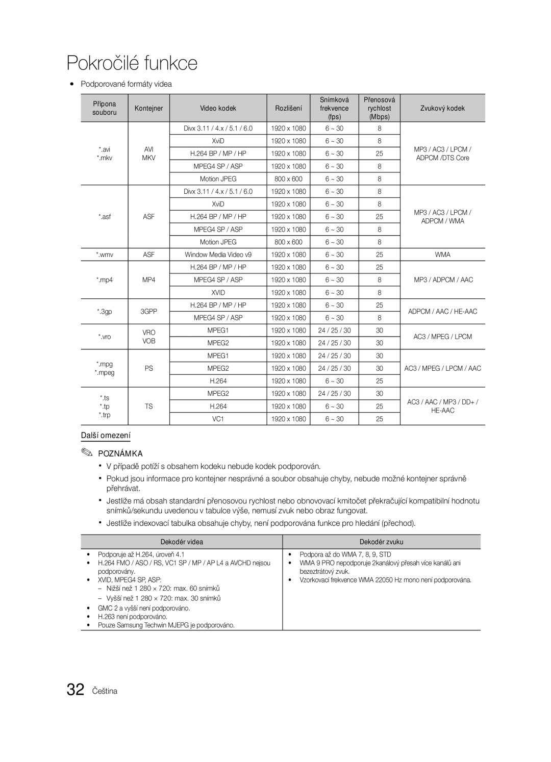 Samsung LE37C630, LE46C630, LE40C630 Yy Podporované formáty videa, Další omezení, 32 Čeština, Přípona Snímková Přenosová 