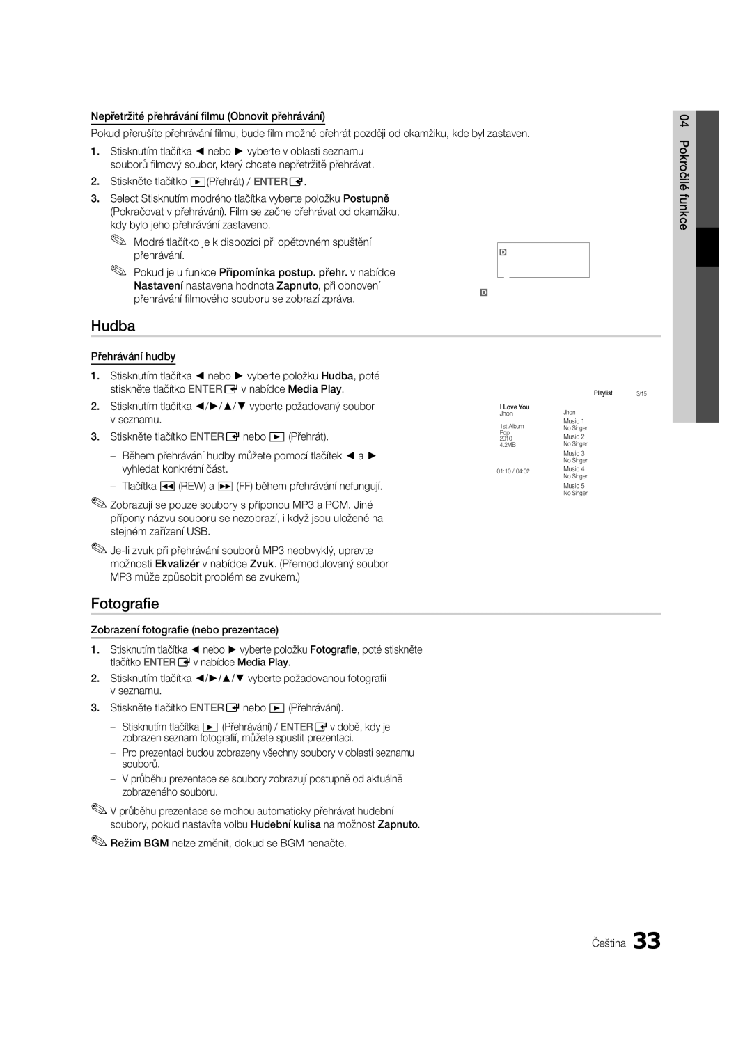 Samsung LE32C630, LE46C630, LE40C630, LE37C630 user manual Hudba, Fotografie 