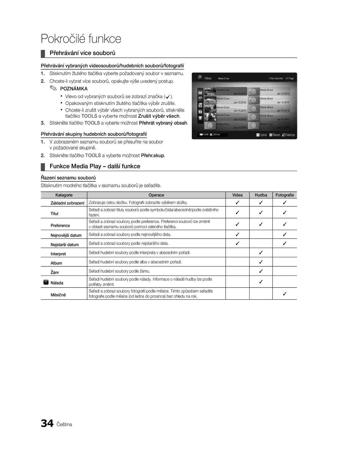 Samsung LE46C630, LE40C630, LE37C630, LE32C630 user manual Přehrávání více souborů, Funkce Media Play další funkce, 34 Čeština 