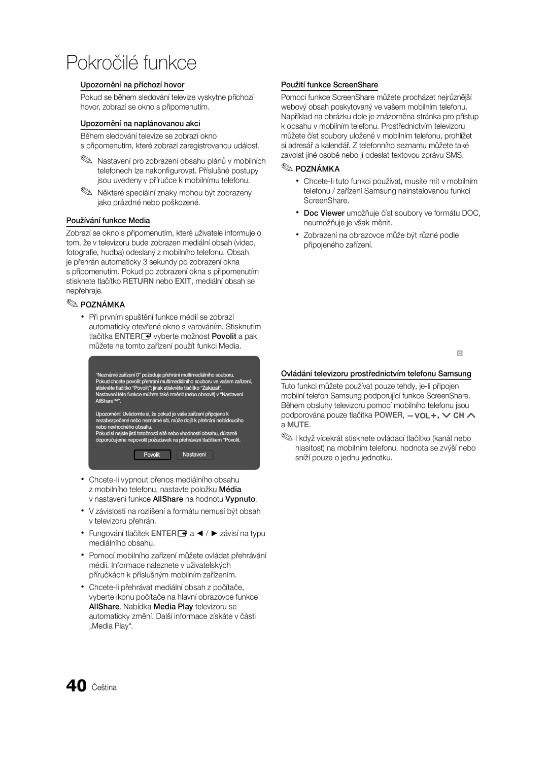 Samsung LE37C630, LE46C630, LE40C630, LE32C630 user manual Ovládání televizoru prostřednictvím telefonu Samsung, Mute 