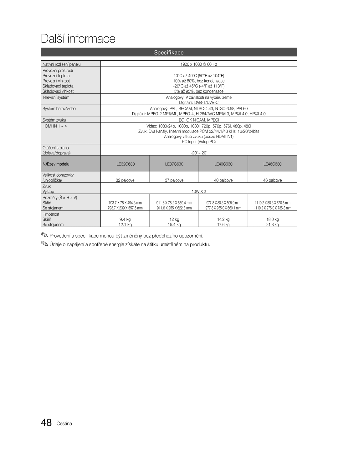 Samsung LE37C630, LE46C630, LE40C630, LE32C630 user manual Specifikace, 48 Čeština 