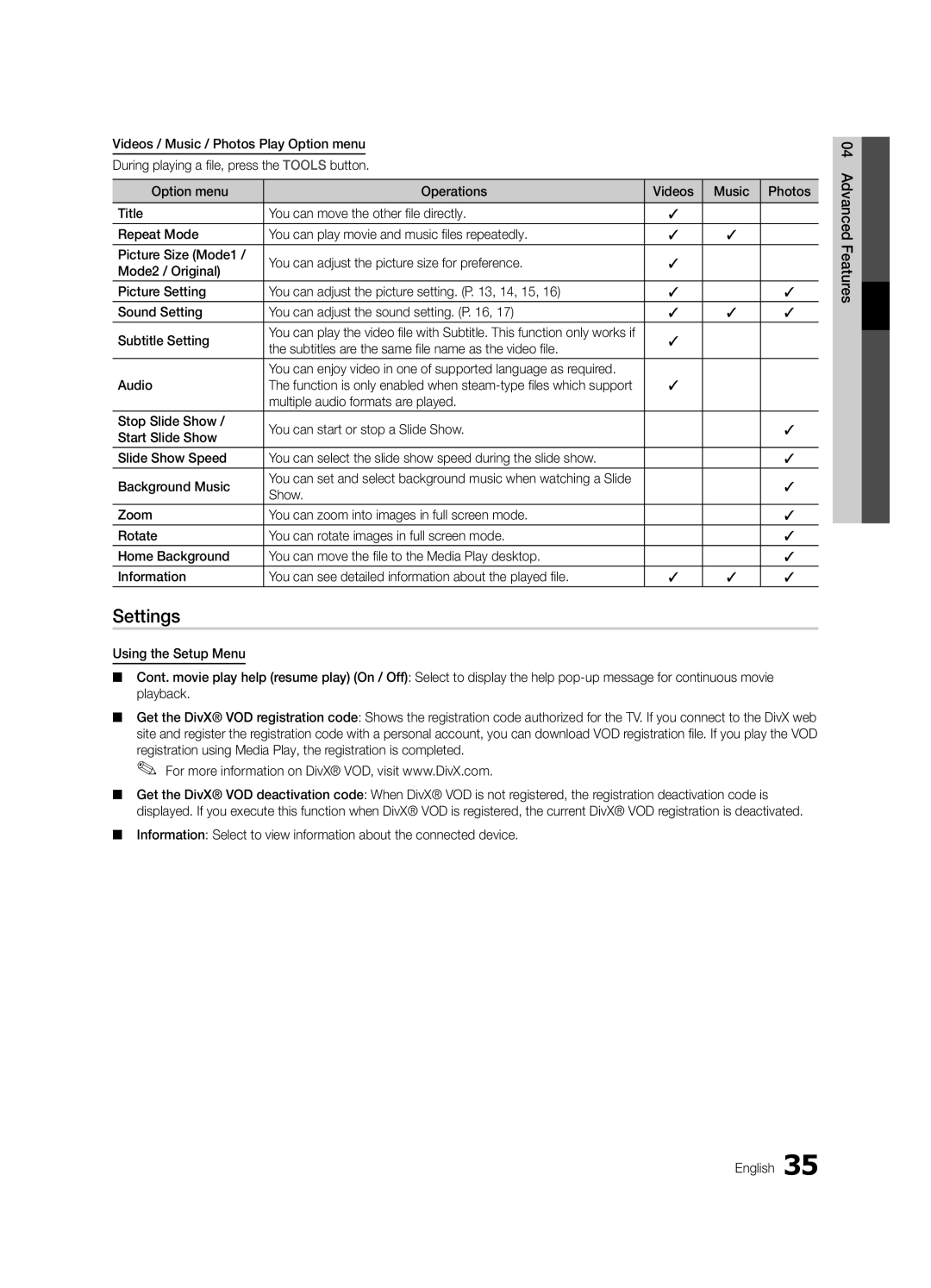 Samsung LE32C630, LE46C630, LE40C630, LE37C630 user manual Settings, Subtitles are the same file name as the video file, Audio 