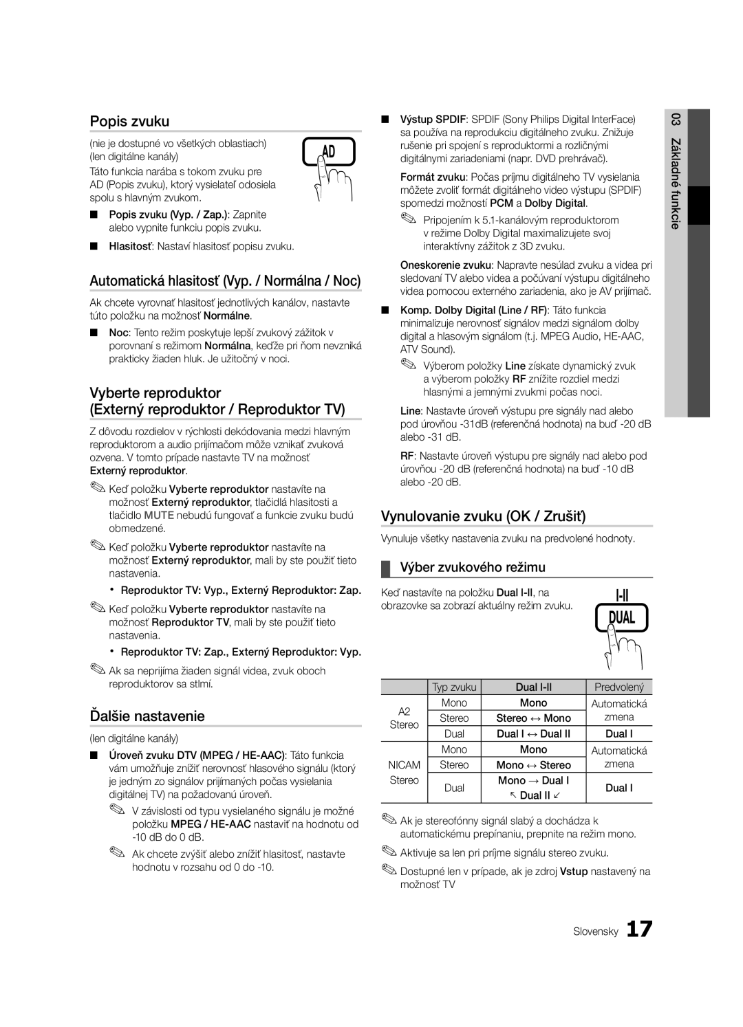 Samsung LE46C630, LE40C630 Popis zvuku, Vyberte reproduktor Externý reproduktor / Reproduktor TV, Ďalšie nastavenie 