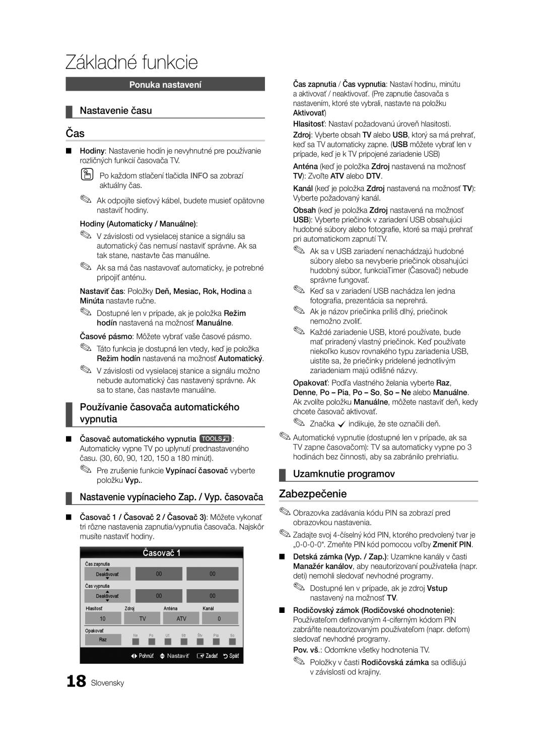 Samsung LE40C630, LE46C630 Zabezpečenie, Nastavenie času, Používanie časovača automatického vypnutia, Uzamknutie programov 