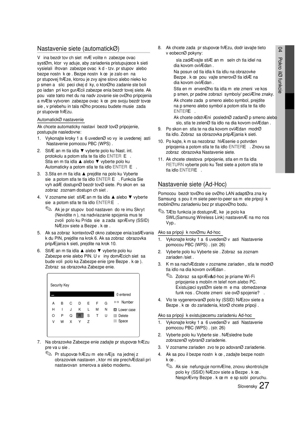 Samsung LE37C630, LE46C630, LE40C630, LE32C630 user manual Nastavenie siete Ad-Hoc, Slovensky Pokročilé funkcie 