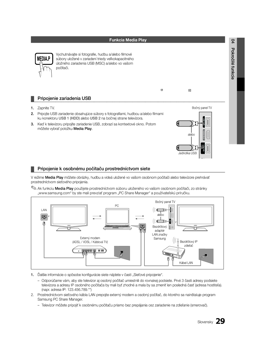 Samsung LE46C630 Pripojenie zariadenia USB, Pripojenie k osobnému počítaču prostredníctvom siete, Funkcia Media Play 