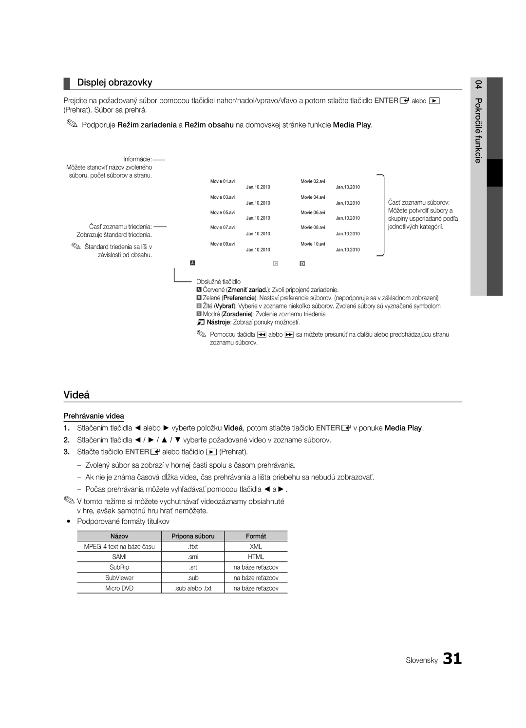 Samsung LE37C630, LE46C630, LE40C630, LE32C630 user manual Videá, Displej obrazovky, Informácie, Názov Prípona súboru Formát 