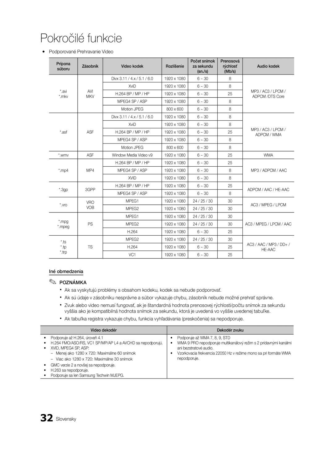 Samsung LE32C630, LE46C630, LE40C630, LE37C630 user manual Yy Podporované Prehravanie Video 