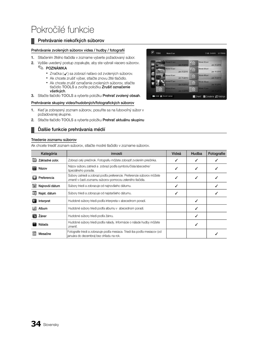 Samsung LE40C630, LE46C630, LE37C630, LE32C630 user manual Prehrávanie niekoľkých súborov, Ďalšie funkcie prehrávania médií 