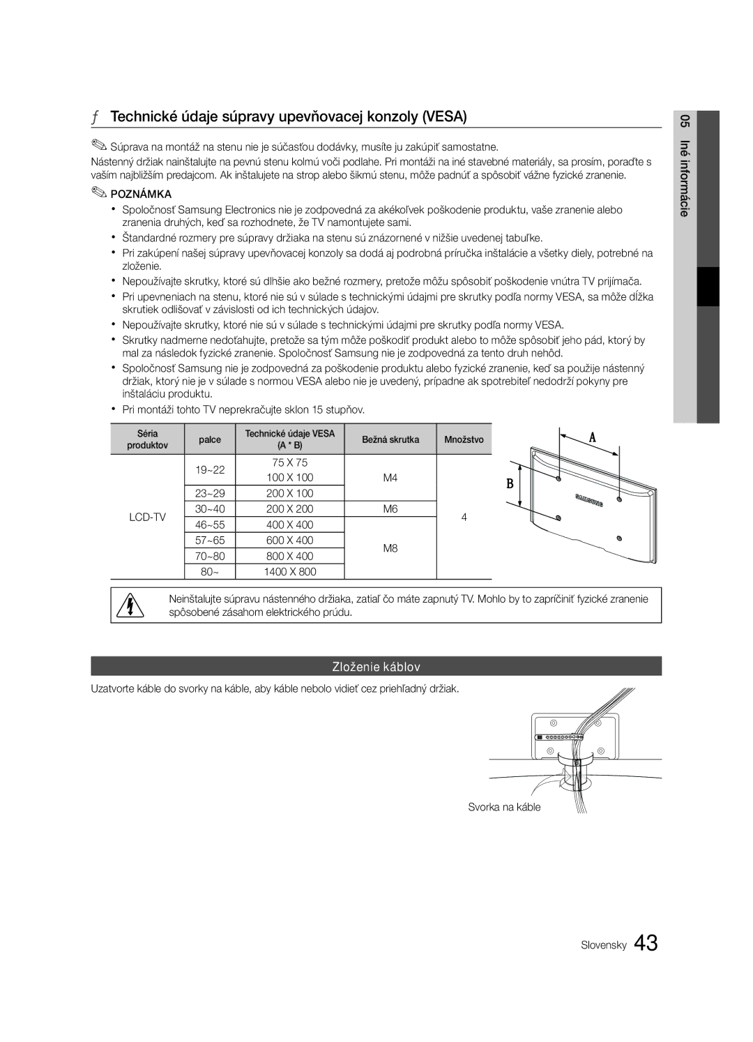 Samsung LE37C630, LE46C630, LE40C630, LE32C630 user manual Technické údaje súpravy upevňovacej konzoly Vesa, Zloženie káblov 