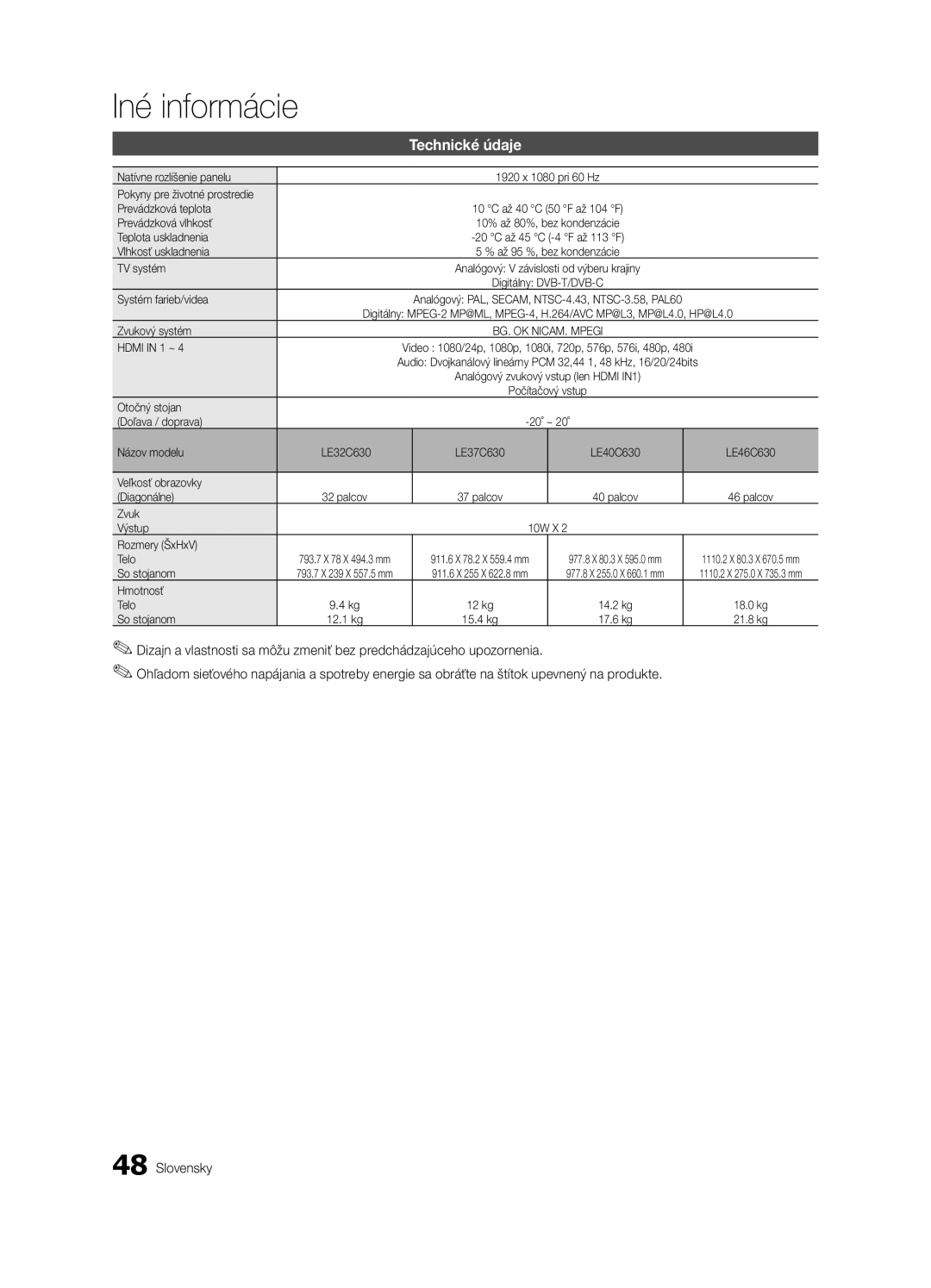 Samsung LE32C630, LE46C630, LE40C630, LE37C630 user manual Technické údaje 