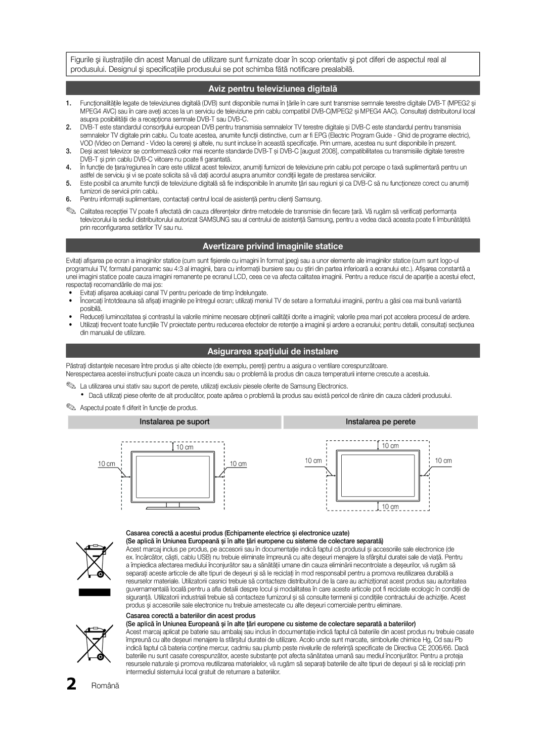 Samsung LE37C630, LE46C630, LE40C630 Aviz pentru televiziunea digitală, Avertizare privind imaginile statice, Română 