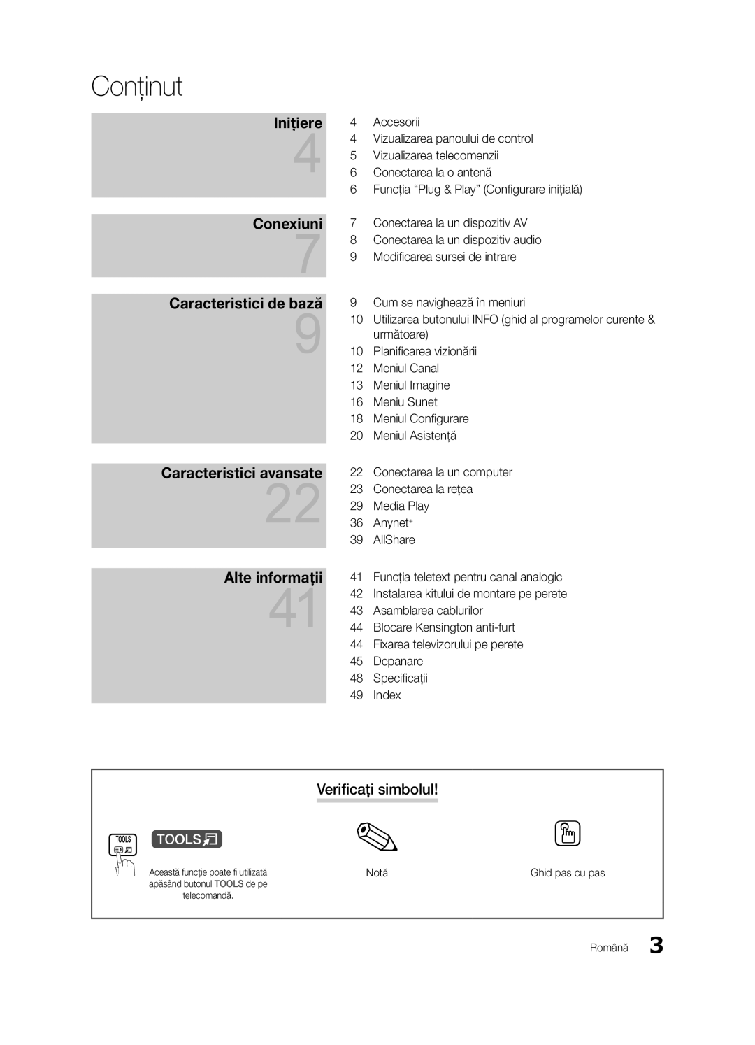 Samsung LE32C630, LE46C630, LE40C630, LE37C630 user manual Conţinut, Verificaţi simbolul, Notă, Ghid pas cu pas 