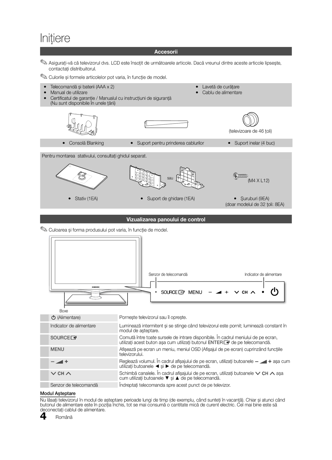 Samsung LE46C630, LE40C630, LE37C630, LE32C630 user manual Iniţiere, Accesorii, Vizualizarea panoului de control 