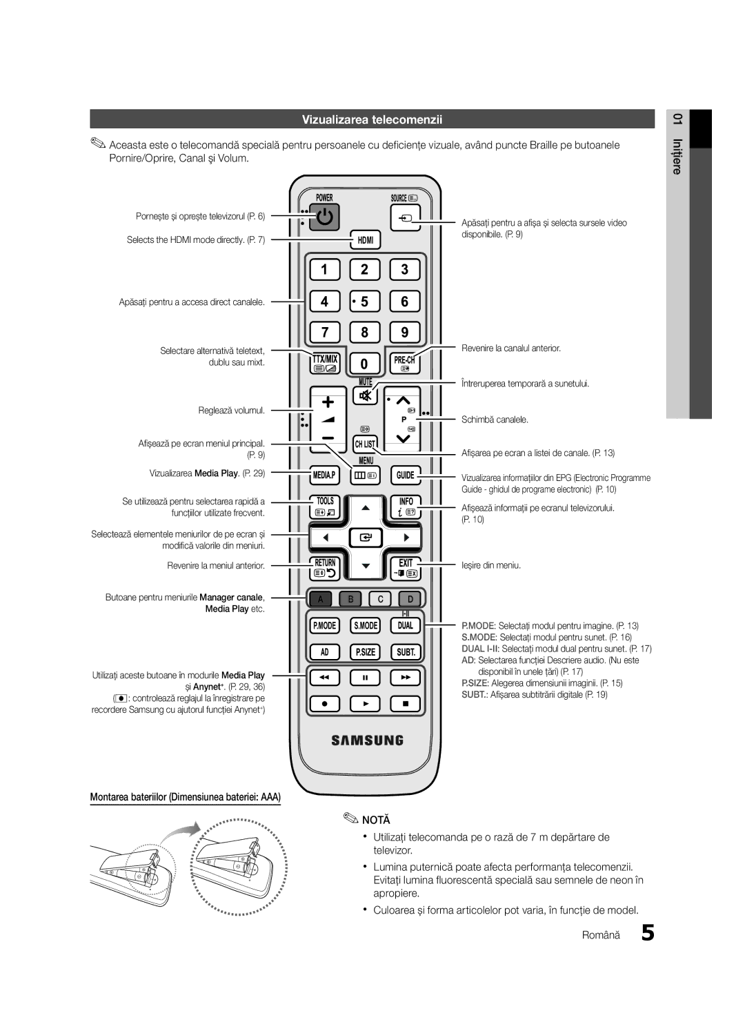 Samsung LE40C630, LE46C630, LE37C630 Vizualizarea telecomenzii, 01 Iniţiere, Montarea bateriilor Dimensiunea bateriei AAA 