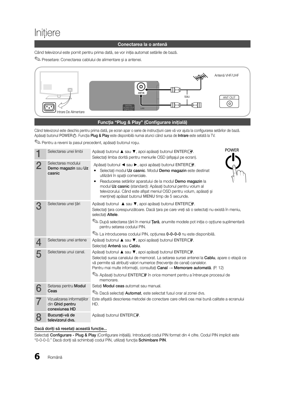 Samsung LE37C630, LE46C630, LE40C630, LE32C630 user manual Conectarea la o antenă, Funcţia Plug & Play Configurare iniţială 