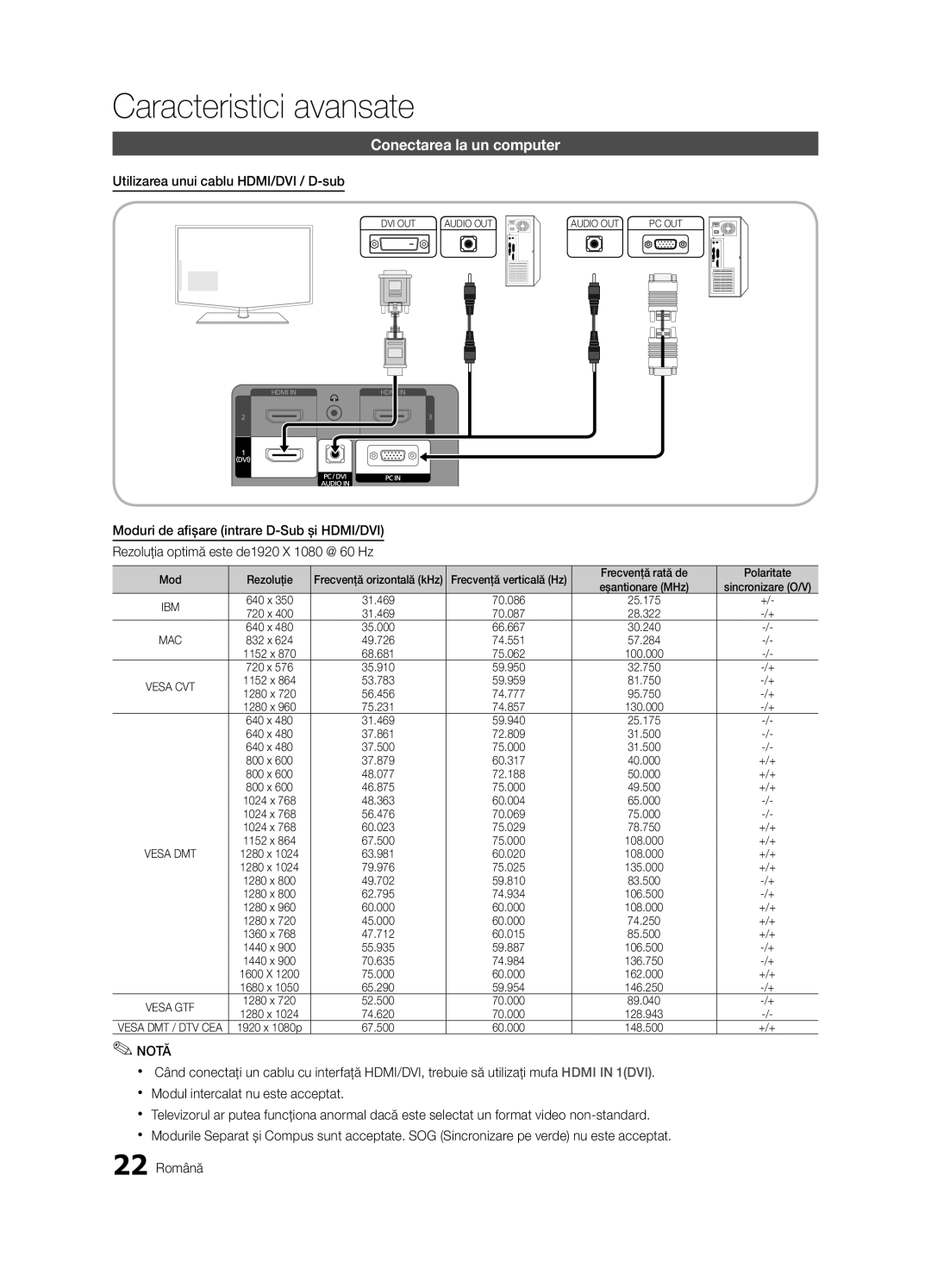 Samsung LE37C630, LE46C630 Caracteristici avansate, Conectarea la un computer, Utilizarea unui cablu HDMI/DVI / D-sub 