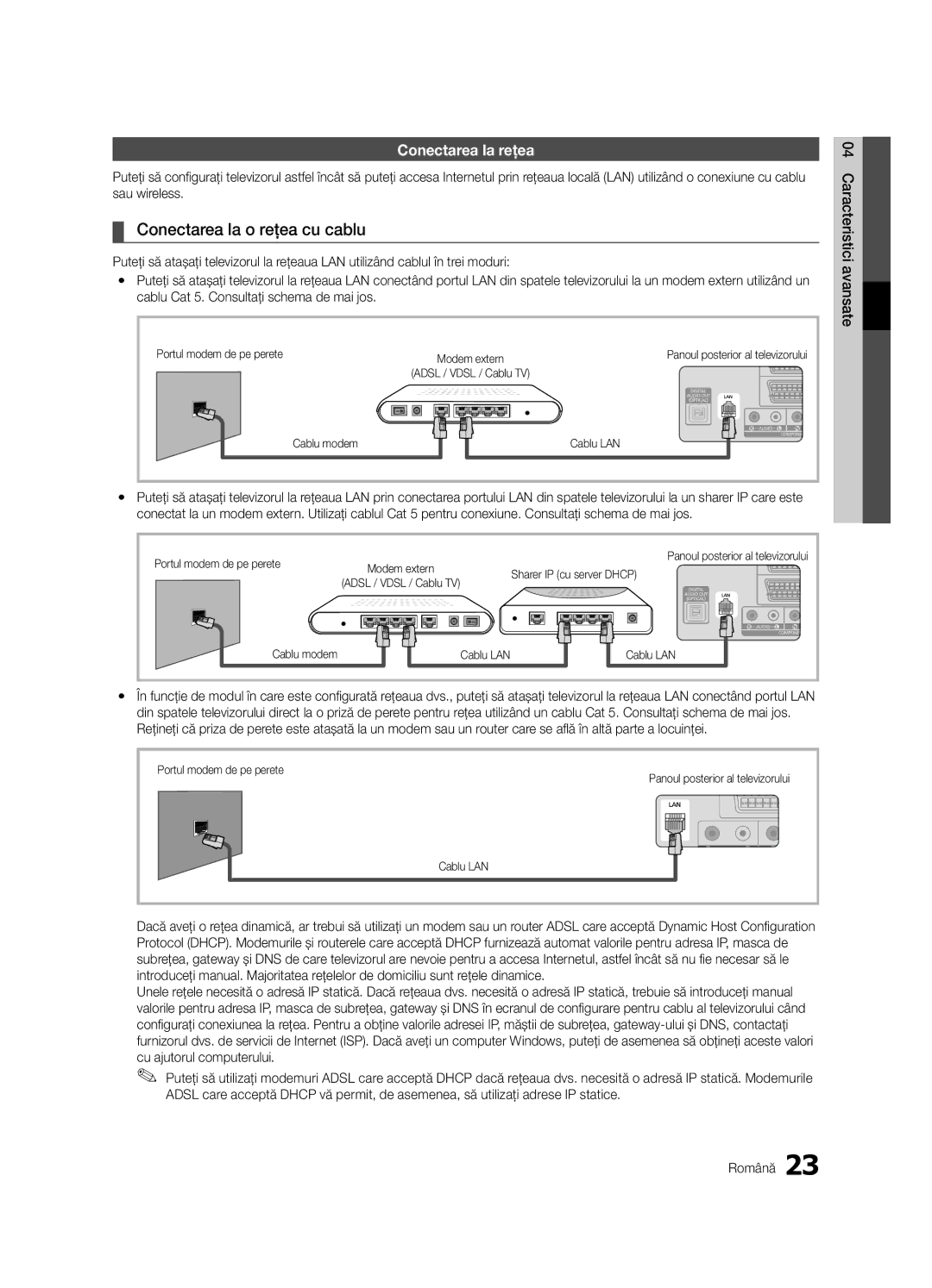 Samsung LE32C630 Conectarea la o reţea cu cablu, Conectarea la reţea, Portul modem de pe perete, Sharer IP cu server Dhcp 