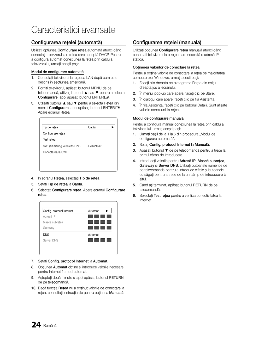 Samsung LE46C630, LE40C630, LE37C630 Configurarea reţelei automată, Configurarea reţelei manuală, Reţea, Configurare reţea 