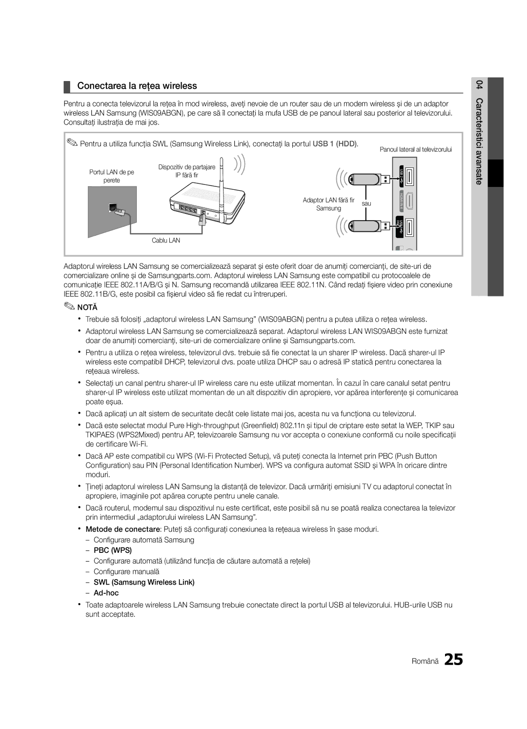 Samsung LE40C630, LE46C630, LE37C630, LE32C630 user manual Conectarea la reţea wireless, Avansate 