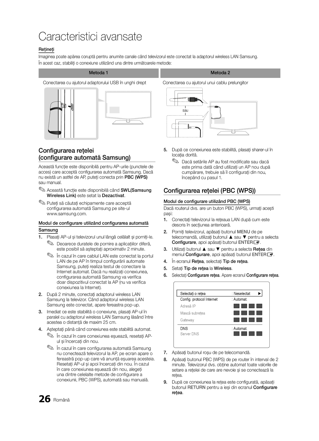 Samsung LE37C630 Configurarea reţelei configurare automată Samsung, Configurarea reţelei PBC WPS, Ul şi încercaţi din nou 