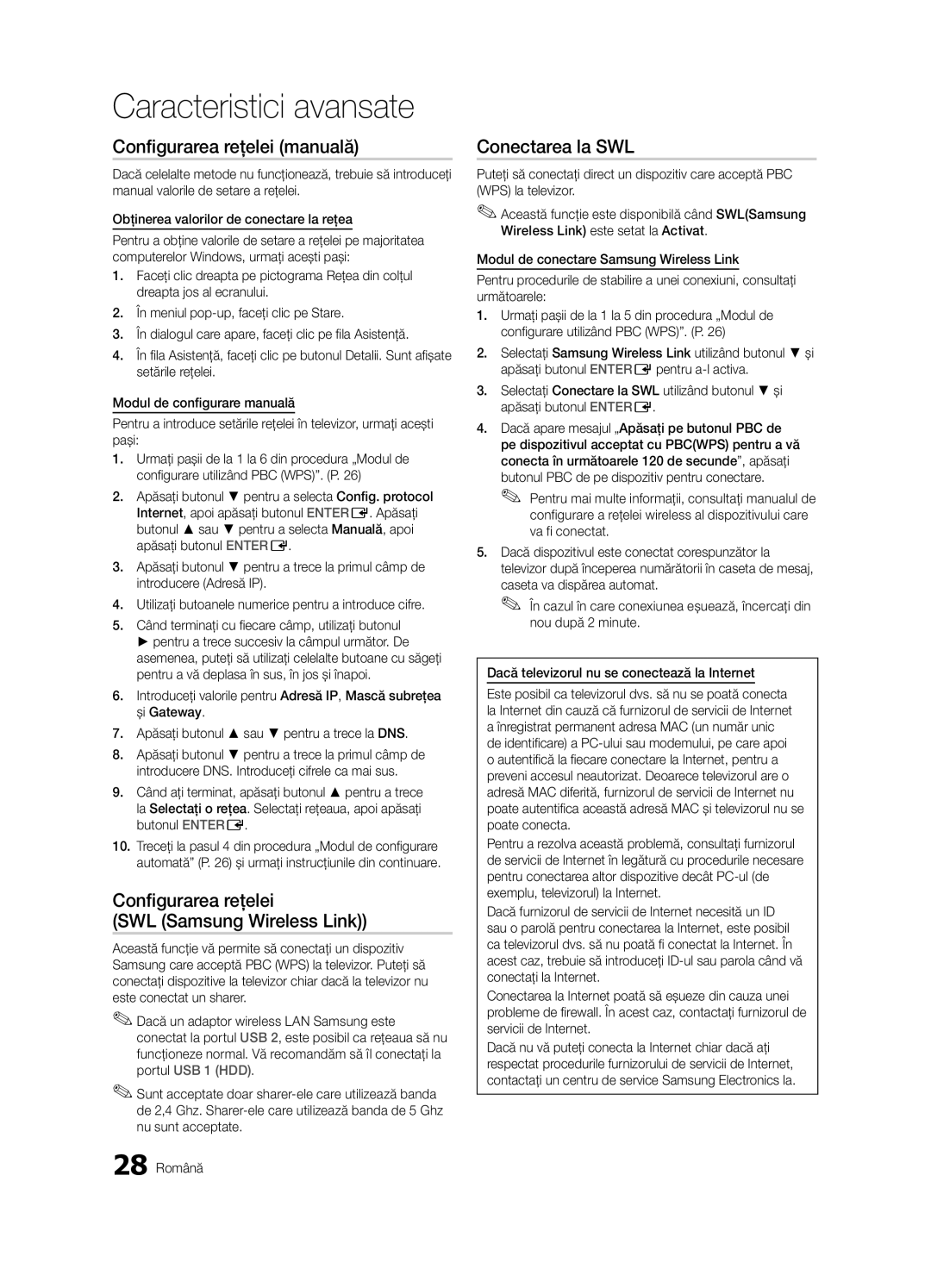 Samsung LE46C630, LE40C630, LE37C630, LE32C630 user manual Configurarea reţelei SWL Samsung Wireless Link, Conectarea la SWL 