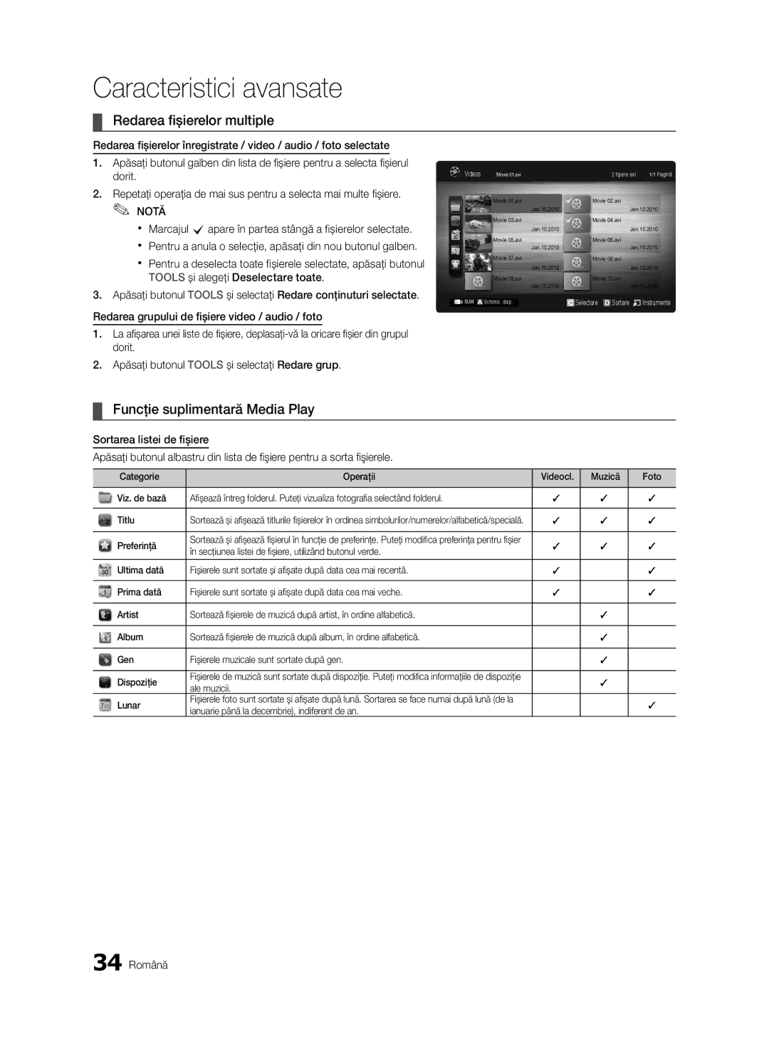 Samsung LE37C630, LE46C630, LE40C630, LE32C630 Redarea fişierelor multiple, Funcţie suplimentară Media Play, 34 Română 