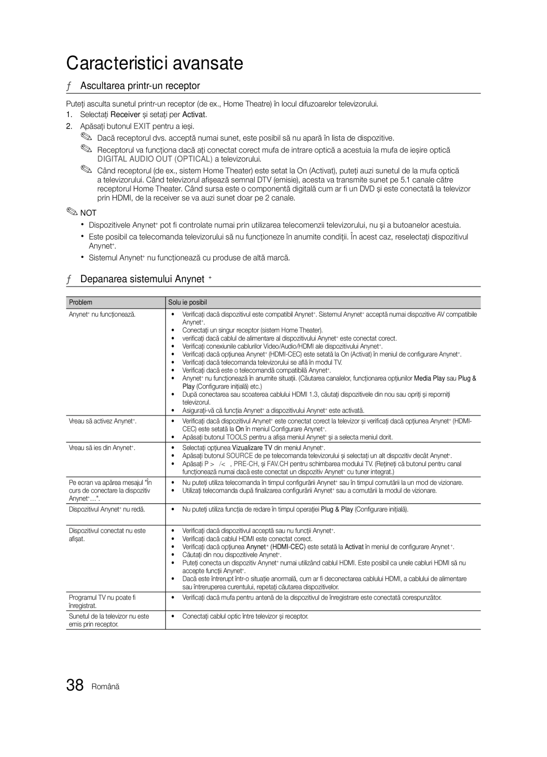 Samsung LE37C630, LE46C630, LE40C630, LE32C630 Ascultarea printr-un receptor, Depanarea sistemului Anynet+, 38 Română 