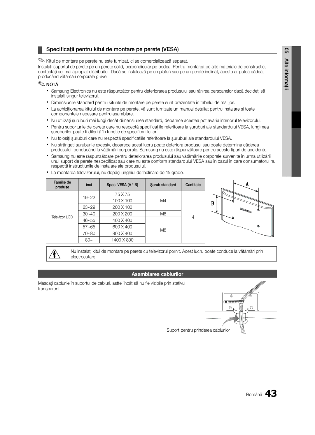 Samsung LE32C630, LE46C630, LE40C630, LE37C630 Specificaţii pentru kitul de montare pe perete Vesa, Asamblarea cablurilor 