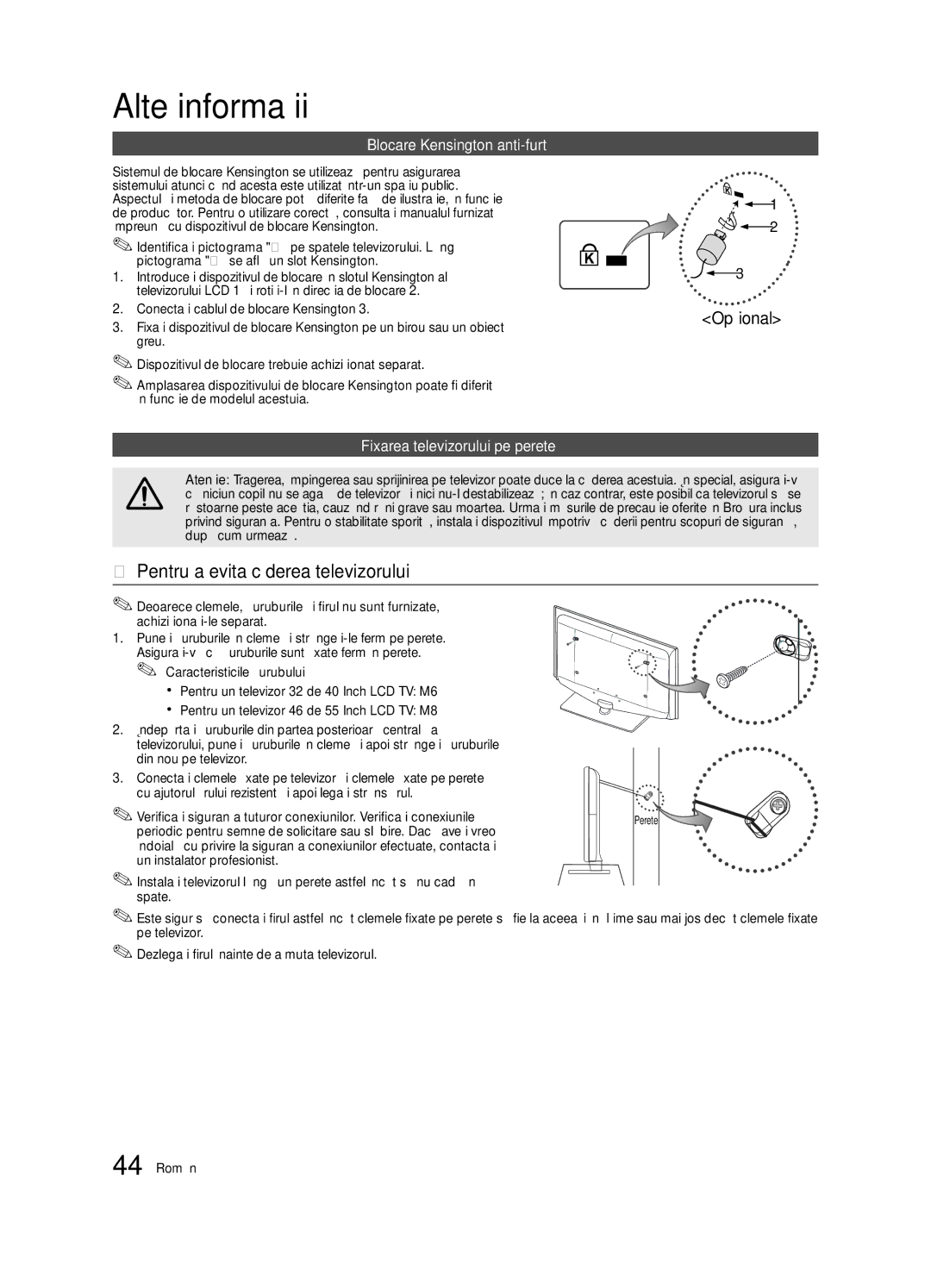 Samsung LE46C630 Pentru a evita căderea televizorului, Blocare Kensington anti-furt, Fixarea televizorului pe perete 