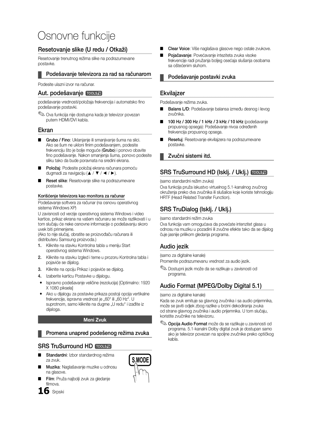 Samsung LE40C630, LE46C630 Resetovanje slike U redu / Otkaži, Aut. podešavanje t, SRS TruSurround HD t, Ekvilajzer 